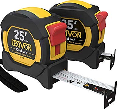 LEXIVON [2-Pack] 25Ft/7.5m DuaLock Tape Measure | 1-Inch Wide Blade with Nylon Coating, Matte Finish White & Yellow Dual Sided Rule Print | Ft/Inch/Fractions/Metric (LX-202)