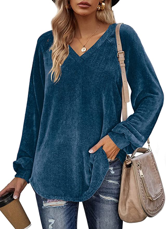 Sieanear Sweaters for Women Oversized Pullover Sweatshirts Casual V Neck Balloon Sleeve Tops