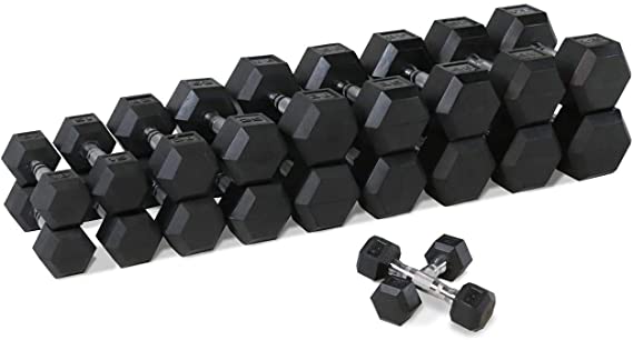 WF Athletic Supply Rubber Coated Hex Dumbbell Set, Multiple Choices Available - Dumbbells with Rack Stand and Mat, or Dumbbells Only (200/550/1200/2100/3000 LB)