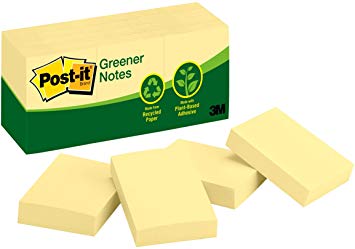 Post-it® Notes, Original Pad, 1-3/8 inches x 1-7/8 inches, Recycled, Canary Yellow, 12 Pads per Pack