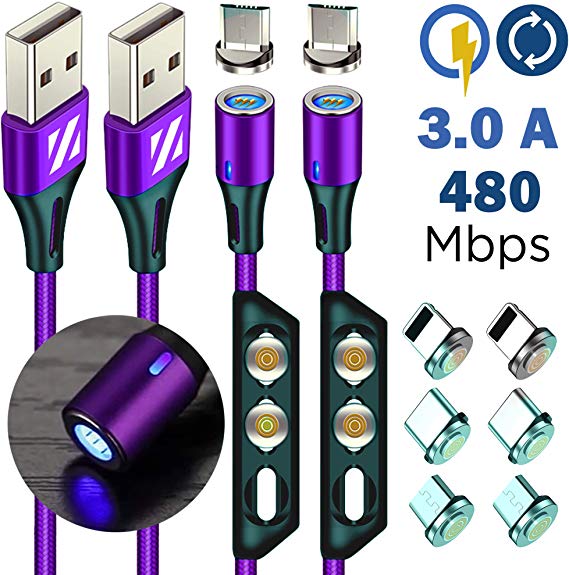 Magnetic Phone Charger Cable, ZILILIO New Upgraded 3.0 A Fast Charge & Data Sync 3 in 1 Nylon Braided Magnetic Charging Cable for iPhone, Android & Type C Smart Devices (2 Pack, Purple, 3.3 Ft.)