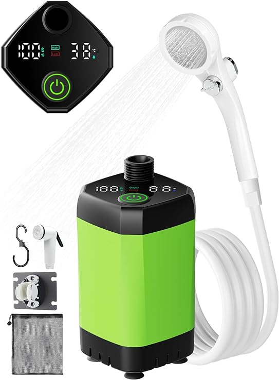 Ducha Portatil Camping, Ducha Camper Mejorada con Pantalla de Temperatura y Potencia, Eléctrico Portátil Recargable Ducha con 6000mAh Batería para Camping, Plantas de Jardín,Coche, Lavar al Perro