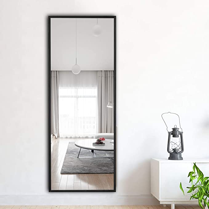 NeuType 65"x22" Full Length Mirror Floor Mirror with Standing Holder Bedroom/Locker Room Standing/Hanging Mirror Dressing Mirror (Carbon Black Solid Wood)
