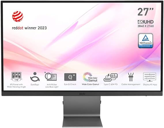 MSI Modern MD271UL 27'' Monitor, 4K UHD (3840 x 2160), 60Hz, IPS, 4ms, Adaptive-Sync, 2x HDMI 2.0b, DP1.2a, USB Type-C, DCI-P3 99% / sRGB139%, EyesErgo, Anti-Glare, Anti-Flicker, Less Blue light, TÜV