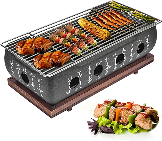 Japanese Style BBQ Grill,14 x 6.9 x 4 inches Portable Barbecue Stove Aluminium Alloy Charcoal Stove with Wire Mesh Grill and Base Japanese Tabletop Household Barbecue Tools