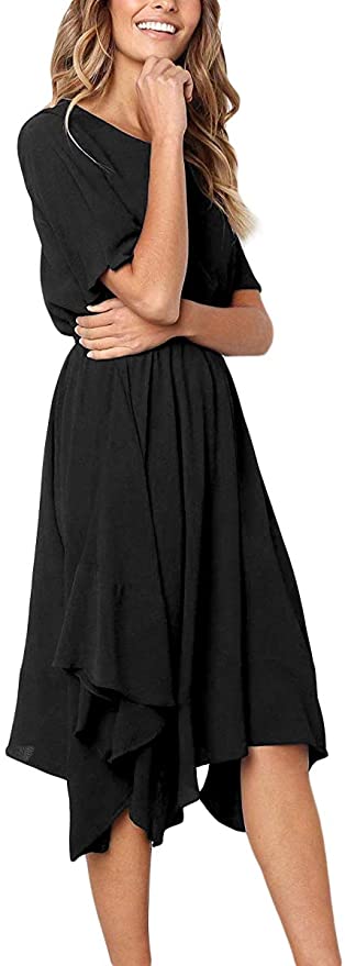 Alaster Queen White Polka Dot Black Dress for Women Chiffon Short Sleeve Casual Midi Dress Empire Waist Summer Dress