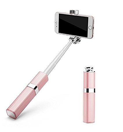 Selfie Stick [with Bluetooth] Lipstick Design Bluetooth Wireless Phone Holder for iPhone 7 / 7 Plus iPhone 6S/6/5/4 Huawei Samsung LG & Other Android 4.2.2 above ( Pink with bluetooth)