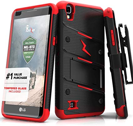 ZIZO Bolt Series LG X Power Case Military Grade Drop Tested with Tempered Glass Screen Protector, Holster, Kickstand Black RED