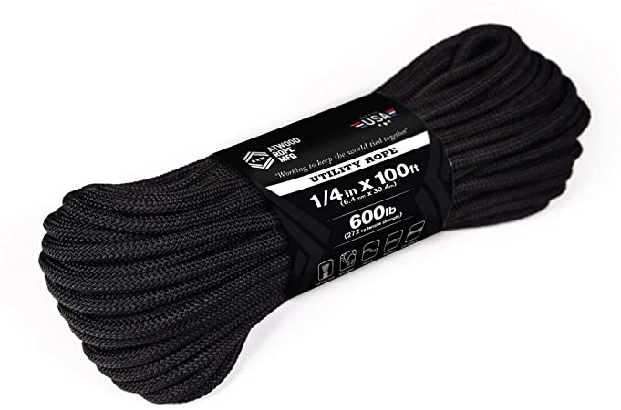 Atwood Rope MFG 1/4” inch Braided Utility Rope. Black, 100ft Made in USA, Lightweight Strong Versatile Rope for Camping, Survival, DIY, Knot Tying