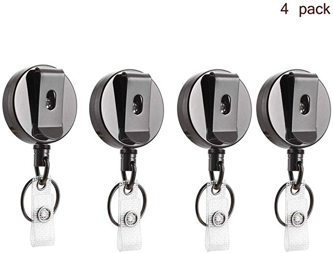 Forsun 4 Pcs Heavy Duty Retractable Badge Holder Reel, Metal ID Badge Holder with Belt Clip Key Ring forI ID Card Keychain All Metal Casing, Reinforced Id Strap, Steel Wire Cord Reel 27.5"