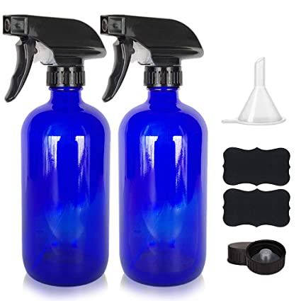16oz Glass Spray Bottles with Funnel and Labels (2 Pack) - Empty Refillable Container for Essential Oils, Cleaning Products, or Aromatherapy - 2 Refillable Trigger Sprayers and 2 Durable Caps (Blue)
