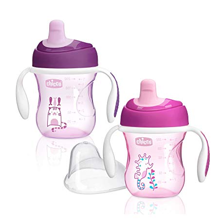 Chicco NaturalFit Semi Soft Spout Trainer Sippy Cup, Pink/Purple, 7 Ounce, 2 Count