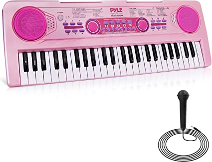 Pyle, Electric Keyboard 49 Keys-Portable Digital Musical Karaoke Piano Keyboard-100 Tunes/Rhythms, 50 Demos, Rechargeable Battery-Wired Microphone-Beginners Kids Pink (PKBRD4912PK)