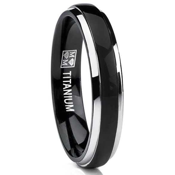 4mm Thin Dome Black Two Tome Titanium Wedding Band Engagement Ring, Comfort Fit