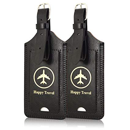 [2 Pack]Luggage Tags, ACdream Leather Case Luggage Bag Tags Travel Tags 2 Pieces Set, Black
