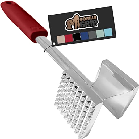 Gorilla Grip Heavy Duty Meat Tenderizer, Oversized Kitchen Mallet, Soft Grip Handle, Tool Maximizes Food Flavor, Spiked Side Tenderizes, Flat Smooth Flattens Steak, Pound Beef, Commercial Grade, Red