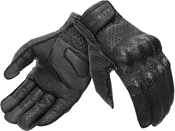 Full Finger Leather Motorcycle Gloves Men ’s Touchscreen Motorcycle Gloves Knuckle Armored Motorbike Gloves (Perforated, Large)