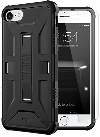 iPhone 7 Case, Slim Military Shockproof Protective Cover Kit with [Tempered Glass Screen Protector] Heavy Duty Hybrid Rugged Case Non-slip Grip Ultra Hard Cover Shell for Apple iPhone7-Black