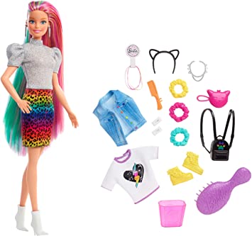 Barbie Leopard Rainbow Hair Doll (Blonde) with Color-Change Hair Feature, 16 Hair & Fashion Play Accessories Including Scrunchies, Brush, Fashion Tops, Cat Ears, Cat Purse & More