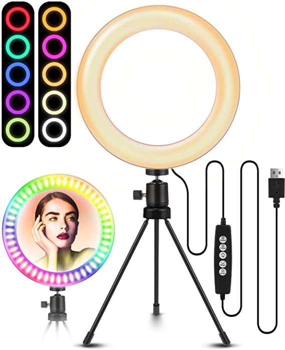 ELEGIANT 8" Selfie Ring Light with Tripod Stand, RGB Ring Light with Stand, 10 RGB Dimmable Color & 10 Brightness Level Desktop LED Light Ring no Cellphone Holder for YouTube Live Stream Makeup Volg