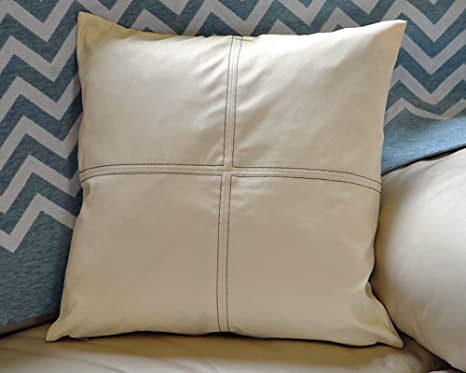 Bedding Direct UK Quadrant Stitch Detail Faux Leather Cushion with FREE Polyester Inner/Insert Leather Look Decorative Pillow Home Décor in Cream