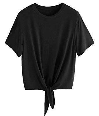 Romwe Women's Short Sleeve Tie Front Knot Casual Loose Fit Tee T-Shirt