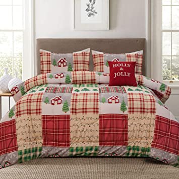 Holly Jolly Holiday Patchwork Plaid Snowflake Full/Queen 4-Piece Comforter Bedding Set with Shams and Decorative Throw Pillow, Red Tan Green