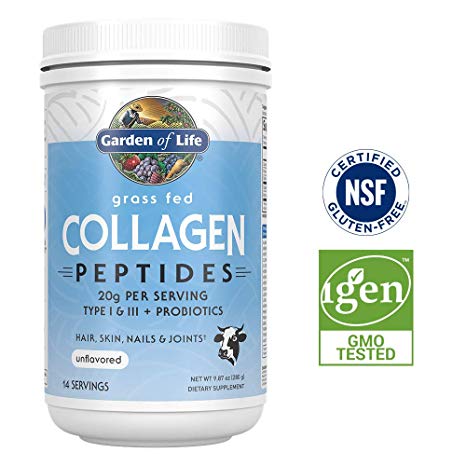 Garden of Life Grass Fed Collagen Peptides for Hair Skin Nails & Joints - Unflavored Powder, 14 Servings - 20g Type I & III Peptides Plus Probiotics - Certified NSF Gluten Free, Keto & Paleo