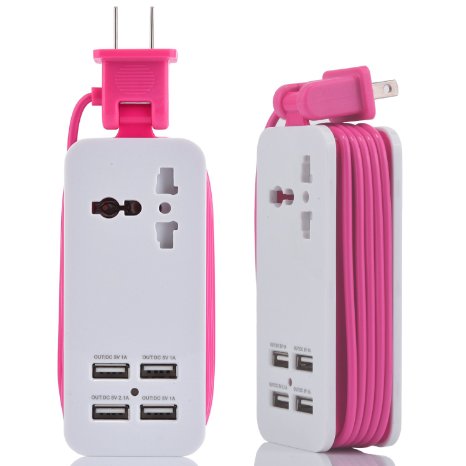 USB Power Strip, Portable Travel Charger Outlets 2.1AMP 1AMP 21W 1.5M/5ft Power Supply Cord With Universal Plug Wide Range Input 100v-240v Power Sockets usb charger station 4 Port USB Charger (Pink)