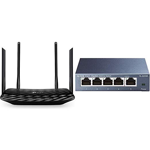 TP-Link AC1200 Gigabit Smart WiFi Router - 5GHz Gigabit Dual Band MU-MIMO Wireless Internet Router, Long Range Coverage by 4 Antennas(Archer A6) & 5 Port Gigabit Ethernet Network Switch (TL-SG105)