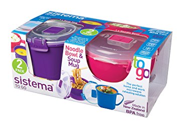 Sistema To Go Collection Microwave Noodle Bowl and Soup Mug Set, Assorted Colors