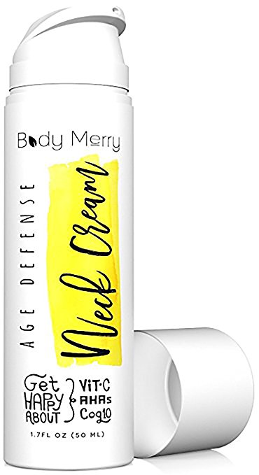 Body Merry Age Defense Neck Cream - Anti aging moisturizer w CoQ10   Vitamin C   Squalane for firming & combating wrinkles on neck, decolletage, face & eyes for men and women - can be used day & night