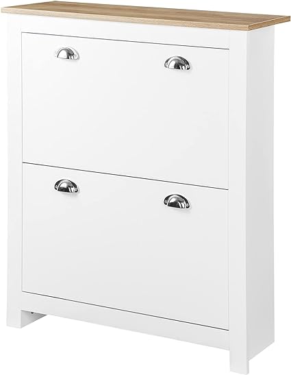 HOMCOM Armoire à Chaussures 2 Portes abattantes 2 Compartiments poignées coquilles métal MDF Blanc chêne Clair