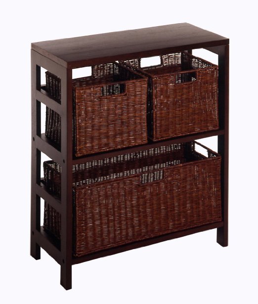 Winsome Wood Leo Wood 3 Tier Shelf with 3 Rattan Baskets - 1 large; 2 small in Espresso Finish