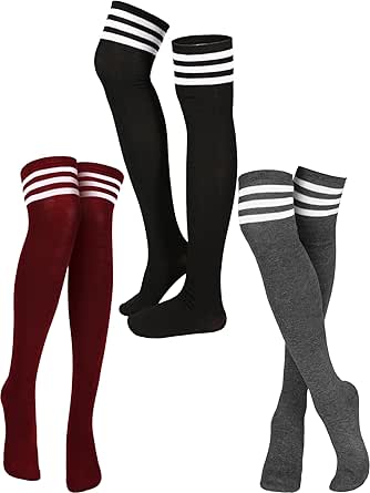 SATINIOR 3 Pairs Knee High Socks Thigh High Socks Triple Stripe over the Knee Socks Long Opaque Thigh High Stockings