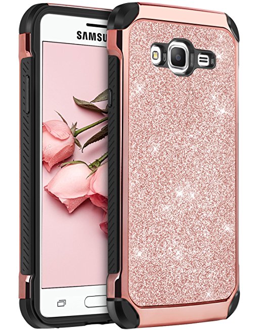 Samsung Galaxy J3 Case, Samsung J3 Case, Galaxy J3 2016 Case, Galaxy Express Prime Case, Amp Prime Case, BENTOBEN Ultra Slim Fit 2 in 1 Sparkly Glitter Bling Hybrid Hard Cover Shiny Faux Leather Shockproof Protective Silicone Case for Samsung Galaxy J3 / J320 (2016 Models) - Rose Gold