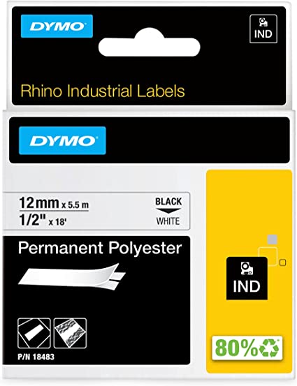 DYMO Rhino Pro 1/2 Inch x 18 Feet White Industrial Strength Permanent Polyester Labels (18483)