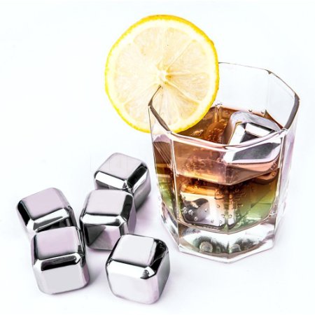 Mr. Stainless Steel Ice Cubes | Superb Reusable Nontoxic Stainless Steel Wine Ice Cubes / Whiskey Chilling Rocks | Effortless Usage | Complete Set of 6 Cubes with Freezing Tray / Storage Box and Muslin Carrying Pouch | 244
