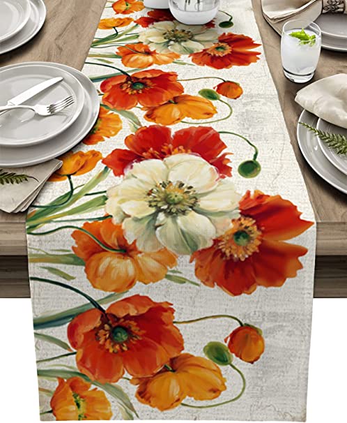 YOKOU Kitchen Table Runner, Poppies Flower Watercolor Art Vintage Floral Print Red Cotton Linen Runner Tabletop Decoration for Family Dinners, Party, Holidays, Gathering,