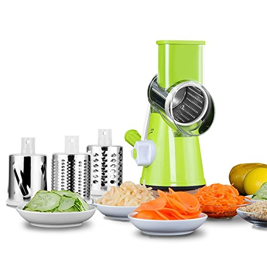 Mandoline Slicer, TAPCET Tri-Blade Spiralizer Vegetable Slicer, Manual Hand Speedy Safe Vegetables Chopper with 3 Interchangeable Round Stainless Steel Rotary Blades and Suction Cup Feet (Green)