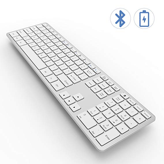 Bluetooth Keyboard, Vive Comb Rechargeable Ultra Slim BT Wireless Keyboard with Number Pad Full Size Design for Laptop Desktop PC Tablet, Windows iOS Android-White and Silver