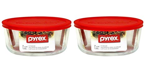 Pyrex Storage Plus 7-Cup Round Storage Dish with Red Plastic Cover Pack of 2 Containers, Clear, Red