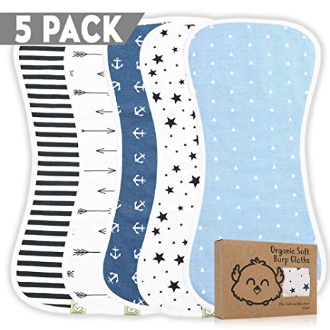 Organic Burp Cloths for Baby Boys - 5-Pack Ultra Absorbent Burping Cloth, Burp Clothes, Newborn Towel - Milk Spit Up Rags - Burpy Bib for Boy - Burp Cloths Set (Adventurer)