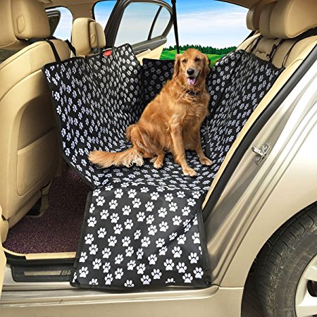 Dog Car Seat Cover MATCC Pets Seat Car Cover Non-Slip Waterproof Travel Hammock Rear Seat Protector Universal Size for All Cars Truck SUV(White Paw Prints)