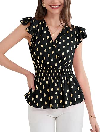 GRACE KARIN Peplum Tops for Women Wrap V Neck Business Casual Blouses Short Sleeve Polka Dot Ruffle Summer Tops Shirts