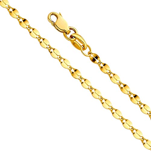 14k REAL Yellow OR White OR Pink Gold 2mm Hollow Curve Mirror Chain Necklace with Lobster Claw Clasp