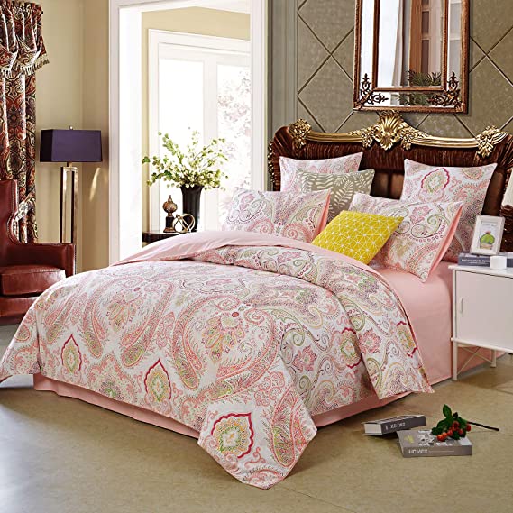 Softta Vintage California King Size 3Pcs Duvet Cover Set Boho Golden Pink Paisley 100% Egyptian Silky Sateen Cotton Bedding Set Bedding Collection Pink