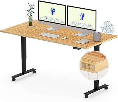 FLEXISPOT E6 Bamboo Dual Motor 3 Stages Standing Desk 55x28 Inch Whole-Piece Board Height Adjustable Desk Electric Stand Up Desk Sit Stand Desk(Black Frame   Bamboo Desktop)