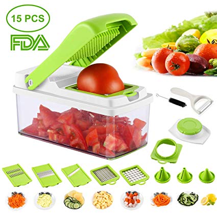 Vegetable Slicer Dicer Food Chopper Kitchen Cutter, WEOOLA  Cheese Grater with Stainless Steel Adjustable Multi Blades and Storage Container for Onion Potato Tomato Fruit Extra Peeler Included