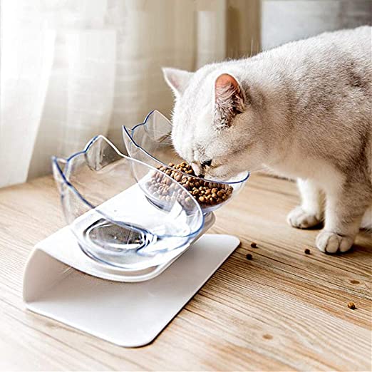 15°Tilted Double Cat Bowls with Raised Stand, Cat Double Elevated Transparent Plastic Bowl, cat food Bowl Stress-Free Suit for Cats Small Dogs, anti vomiting cat bowl, Cute Cat Face Double Bowl